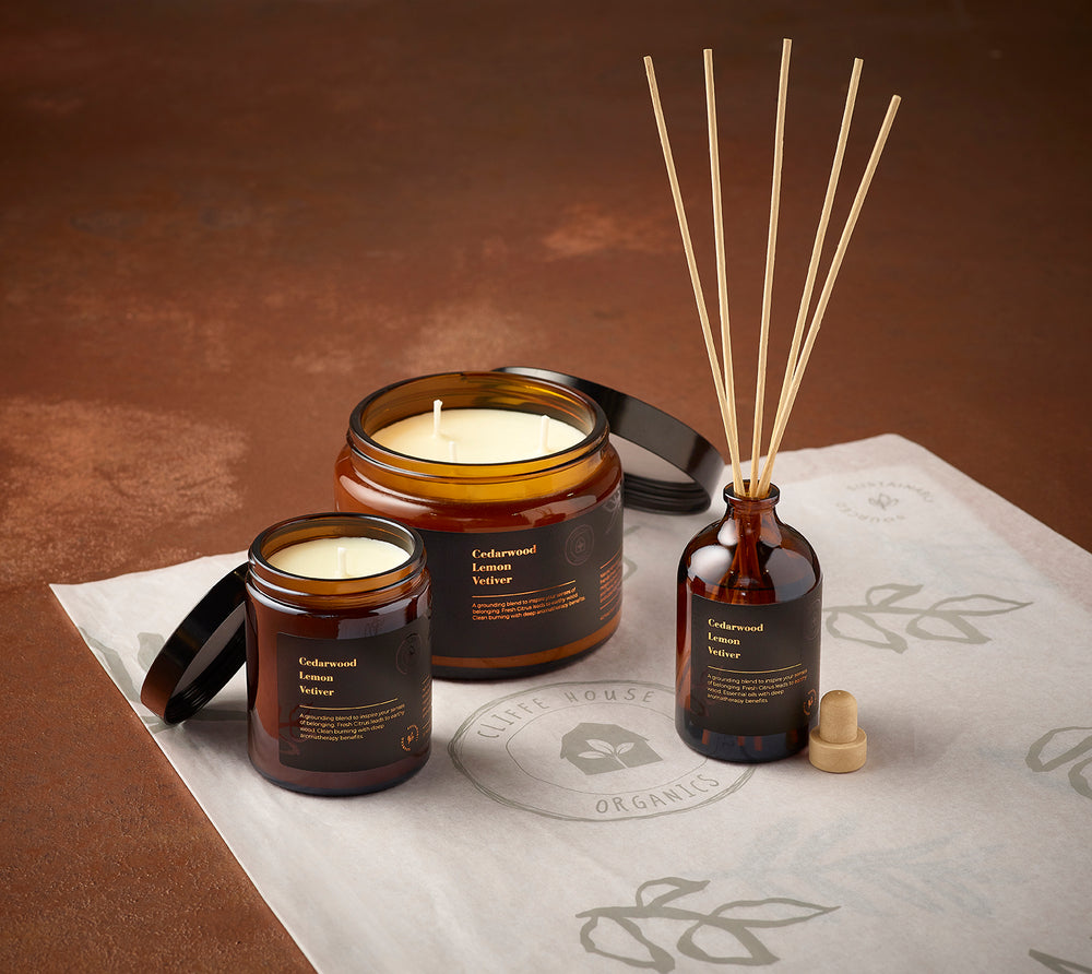 Group of products all scented with Cedarwood, Lemon and Vetiver essential oils